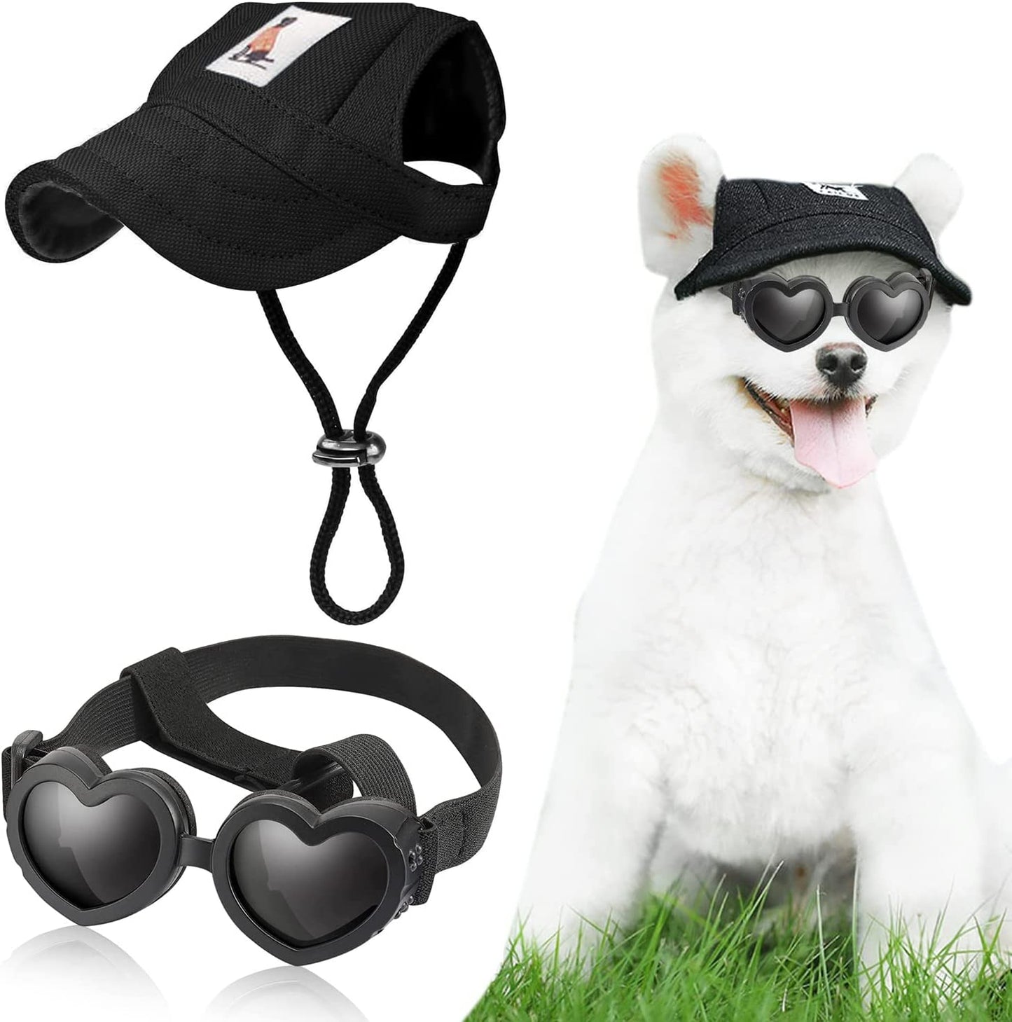 Dog Hat Baseball Cap Sun Hat with Ear Holes and Pet Dog Sunglasses Goggles Heart Shape